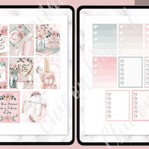 May include: A set of printable planner stickers with a pink and green color scheme. The stickers feature floral designs, quotes, and blank spaces for writing. The text on the stickers includes "In the morning", "I'll pour your love", "Your tired hands", "Trust my Lord", "In Christ alone my hope is found", "In your presence there is fullness of joy".