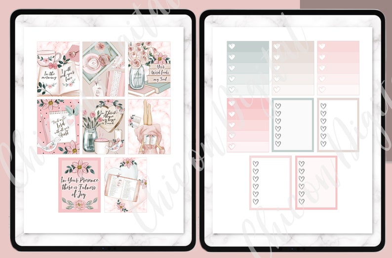 May include: A set of printable planner stickers with a pink and green color scheme. The stickers feature floral designs, quotes, and blank spaces for writing. The text on the stickers includes "In the morning", "I'll pour your love", "Your tired hands", "Trust my Lord", "In Christ alone my hope is found", "In your presence there is fullness of joy".
