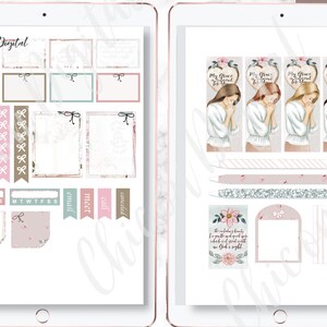 May include: Digital planner stickers with a pink, brown and blue colour scheme. The stickers feature a variety of designs, including floral patterns, bows and text boxes. The stickers also include a quote about peace and a design of a woman praying.