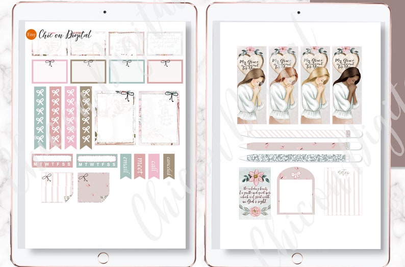 May include: Digital planner stickers with a pink, brown and blue colour scheme. The stickers feature a variety of designs, including floral patterns, bows and text boxes. The stickers also include a quote about peace and a design of a woman praying.