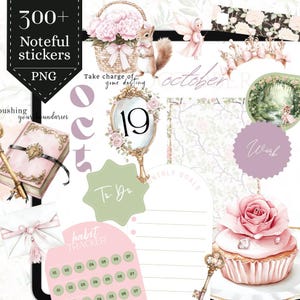 May include: A collection of digital stickers with a floral and whimsical theme. The stickers include a basket of pink flowers, a squirrel, a fairy, a mirror with the number 19, and various planner elements. The text "300+ Noteful stickers PNG" is visible.