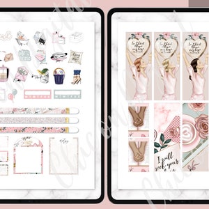 May include: A set of digital planner stickers featuring pink and white floral designs, motivational quotes, and illustrations of women. The stickers include phrases like "I thirst after my hope in God" and "I will seek your face".