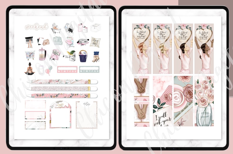 May include: A set of digital planner stickers featuring pink and white floral designs, motivational quotes, and illustrations of women. The stickers include phrases like "I thirst after my hope in God" and "I will seek your face".