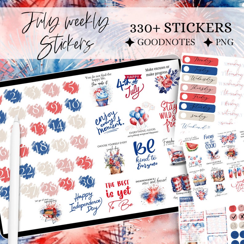JULY GOODNOTES STICKER digital sticker, GoodNote stickers monthly, independence day, functional stickers, 4th of july sticker, icon sitkcer