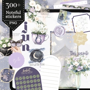 Può includere: Un collage di adesivi digitali ed elementi di pianificazione in morbidi colori pastello. Include illustrazioni floreali, una tazza da tè con il numero 6, una farfalla e il testo che dice "300+ Noteful stickers PNG" e "habit tracker".