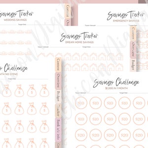 May include: A set of printable pink and white savings trackers and challenges. The trackers include sections for wedding, dream home, and emergency savings. The challenges include a 1-month no spend challenge and a $1,000 in 1 month challenge.