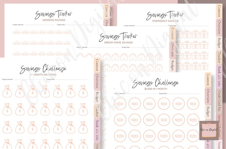May include: A set of printable pink and white savings trackers and challenges. The trackers include sections for wedding, dream home, and emergency savings. The challenges include a 1-month no spend challenge and a $1,000 in 1 month challenge.