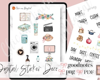 May include: Digital stickers for the Goodnotes app. The stickers are in a watercolour style and feature various images, including a calculator, a washing machine, a coffee cup, a flower arrangement, and a hat. The stickers are also labelled with text, such as "Make Grocery", "Clean Floor", "Pay Bills", "Day Off", "Date Night", and "Coffee Date".