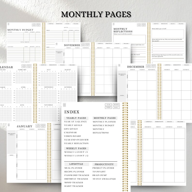 K&ouml;nnte beinhalten: Ein Planer mit einer goldenen Spiralbindung und Seiten f&uuml;r monatliche Budgets, Reflexionen und Kalender. Der Planer enth&auml;lt auch Abschnitte f&uuml;r Jahresziele, Vision Boards und Wochenlayouts. Der Einband des Planers ist wei&szlig; mit schwarzem Text.