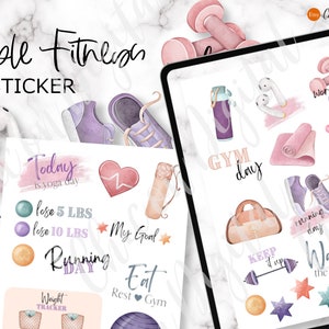 Könnte beinhalten: Lilafarbene Fitness-Sticker mit Illustrationen von Hanteln, Yogamatten, Wasserflaschen, Laufschuhen und anderen Fitnessgeräten. Die Sticker enthalten Text wie "Heute ist Yoga-Tag", "5 Pfund abnehmen", "Mein Ziel", "Lauftag", "Gym-Tag", "Weiter so", "Training", "Pilates", "Gesund essen" und "Gehen Sie spazieren".