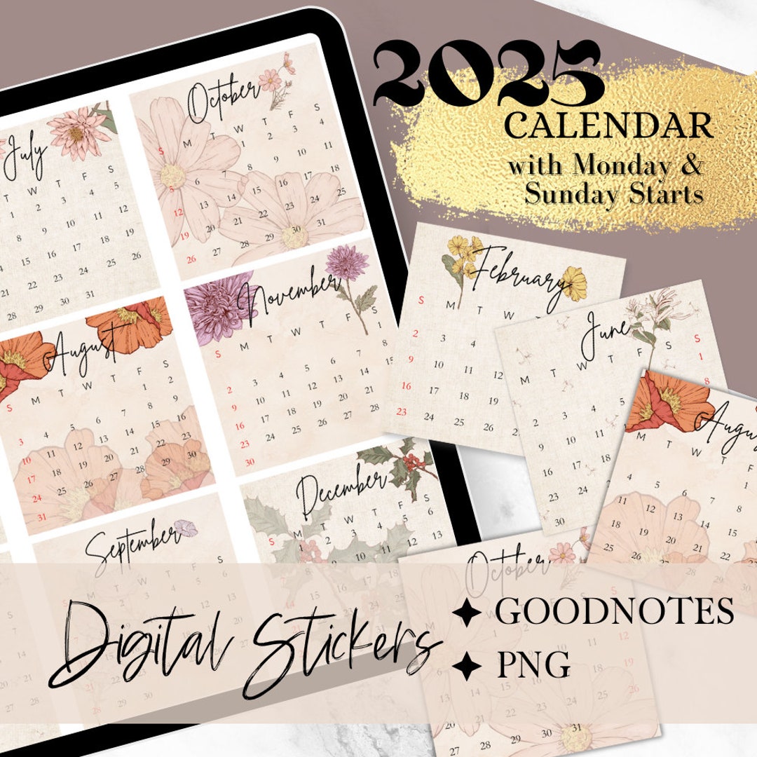 2025 DIGITAL CALENDAR Stickers, 2025 Goodnotes Calendar, Floral Digital ...