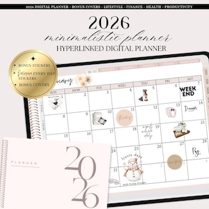 May include: A digital planner for 2026 with a minimalist design. The image shows a calendar layout with decorative stickers and the text "2026 minimalistic planner." Includes bonus stickers and covers. The planner is designed for lifestyle, finance, health, and productivity.