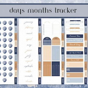 May include: A planner page with a beach theme, featuring a "days months tracker" title. It includes sections for dates, quotes, clip art, shapes, icons, and more. The design incorporates blue and tan colors with seashell and dot patterns.