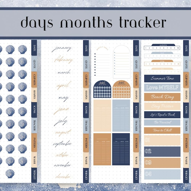 May include: A planner page with a beach theme, featuring a "days months tracker" title. It includes sections for dates, quotes, clip art, shapes, icons, and more. The design incorporates blue and tan colors with seashell and dot patterns.
