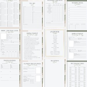 May include: Printable wedding planning checklist with sections for the bride's final look, hair and makeup, photographer, flower girls, reception, and seating chart. The checklist is decorated with a green and gold floral design.