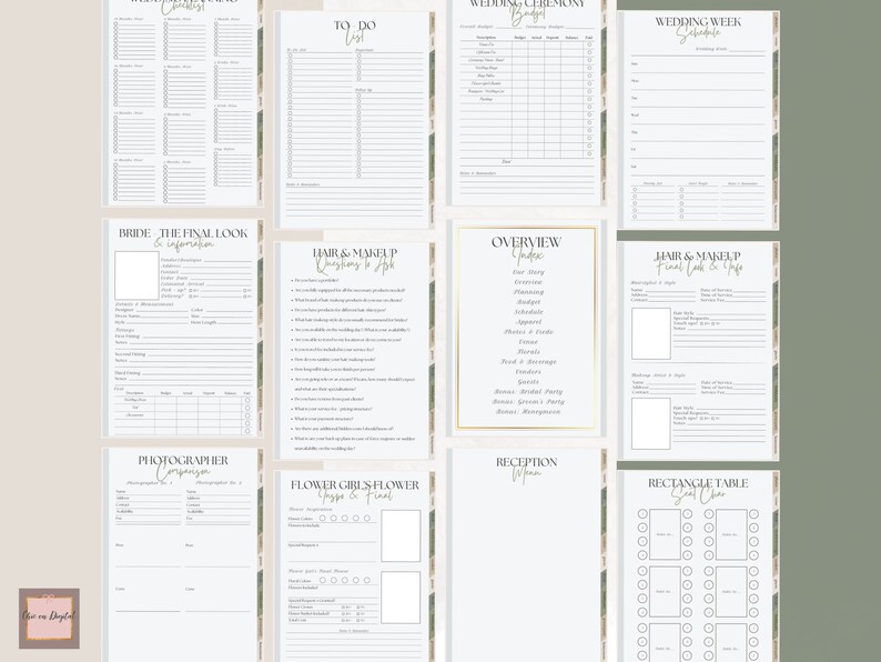 May include: Printable wedding planning checklist with sections for the bride's final look, hair and makeup, photographer, flower girls, reception, and seating chart. The checklist is decorated with a green and gold floral design.