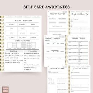 K&ouml;nnte beinhalten: Ein Selbstpflege-Planer mit goldener Spiralbindung. Der Planer enth&auml;lt Abschnitte f&uuml;r Wellness, Finanzen und Fitness. Das Cover zeigt den Text "Self Care Awareness".