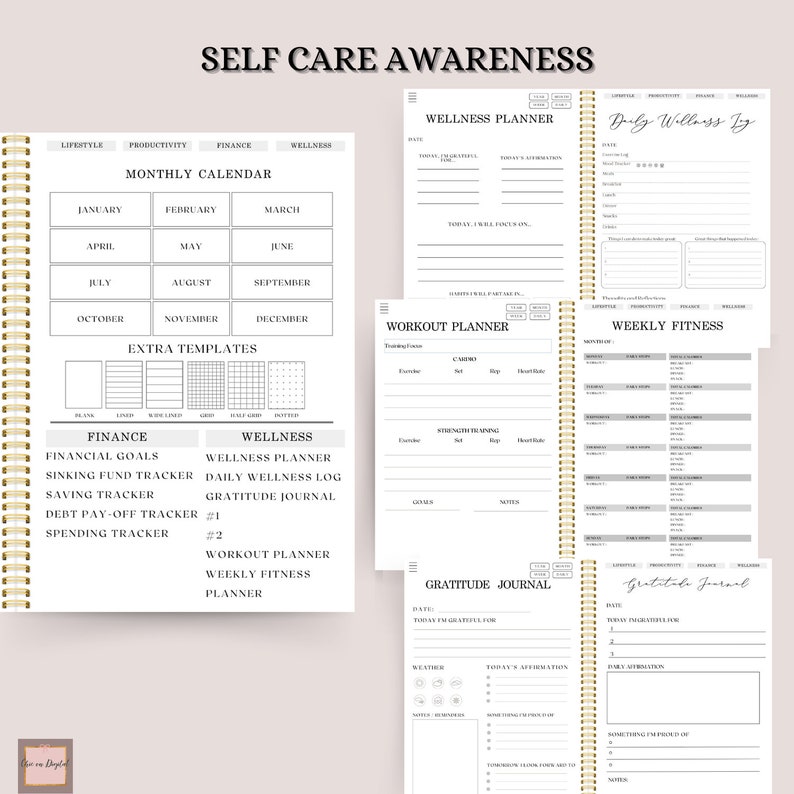 K&ouml;nnte beinhalten: Ein Selbstpflege-Planer mit goldener Spiralbindung. Der Planer enth&auml;lt Abschnitte f&uuml;r Wellness, Finanzen und Fitness. Das Cover zeigt den Text "Self Care Awareness".