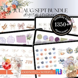 May include: A digital sticker bundle for July, August, and September featuring over 1350 elements. The collection includes watercolour illustrations of flowers, bows, books, calendars, seasonal text, a cocktail, a statue, and a woven basket.