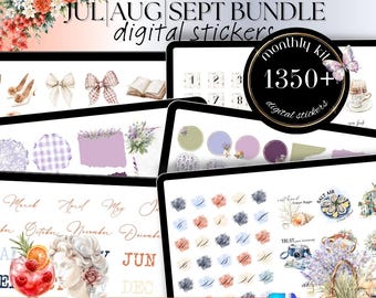 July, August & Sept GoodNotes Noteful Digital Sticker bundle: summer lavender reading monthly stickers, quotes, date, icons and clipart set