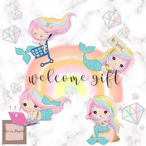 May include: Four colorful illustrations of mermaids with rainbow hair. The mermaids are engaged in various activities, including shopping, saving money, working on a laptop, and styling their hair. The text "welcome gift" is written in the center of the image.