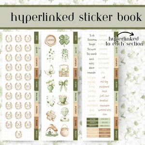 Op de afbeelding: Een digitaal stickerboek met een groen en wit thema, met hoefijzer-, klaver- en andere geluksgraphics. Bevat secties voor data, citaten, cliparts, vormen, pictogrammen, trackers, patronen, washi tape en widgets. De tekst "hyperlinked sticker book" staat bovenaan.