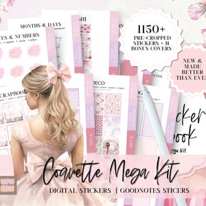 Könnte beinhalten: Ein digitales Sticker-Paket für Goodnotes mit einem rosa und weißen Farbschema mit Schmetterlingen, Blumen und einer Frau in einem rosa Kleid. Das Paket enthält über 1150 vorgefertigte Sticker und 11 Bonus-Cover. Der Text "Coavette Mega Kit" ist im Bild zu sehen.