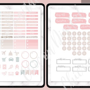 May include: A digital planner with pink and gray stickers. The stickers include a calendar, to-do lists, and various icons. The planner also includes a section for self-care, priority, and inspirational goals.