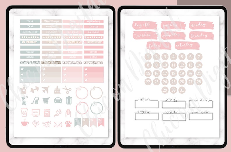 May include: A digital planner with pink and gray stickers. The stickers include a calendar, to-do lists, and various icons. The planner also includes a section for self-care, priority, and inspirational goals.