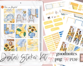 May include: A digital sticker kit with a yellow and blue color scheme. The stickers feature sunflowers, lemons, teapots, and bicycles. The kit is designed for use with Goodnotes and includes both PNG and PDF files.