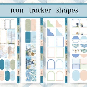 May include: A collection of planner stickers with the words "icon tracker shapes" at the top. The stickers feature various shapes, icons, and patterns in shades of blue, green, and peach, with travel-themed illustrations.