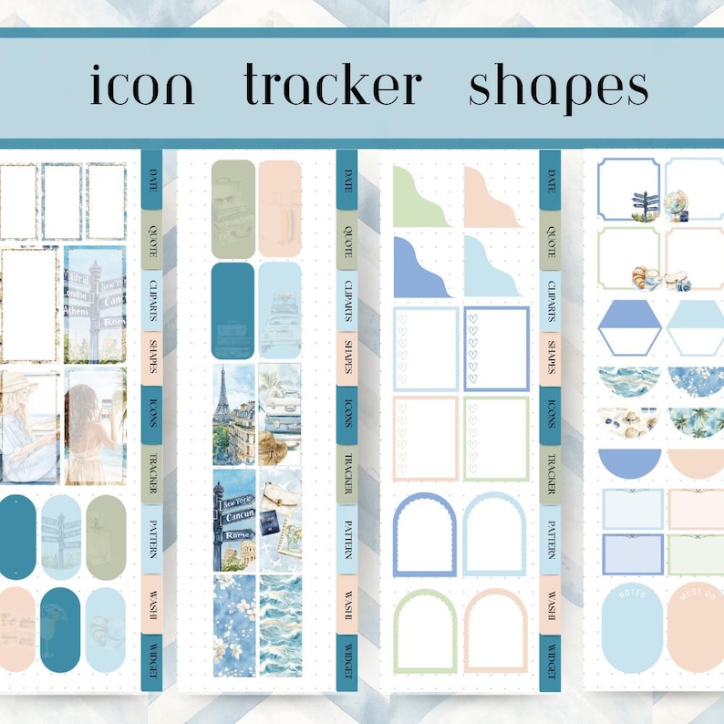 May include: A collection of planner stickers with the words "icon tracker shapes" at the top. The stickers feature various shapes, icons, and patterns in shades of blue, green, and peach, with travel-themed illustrations.