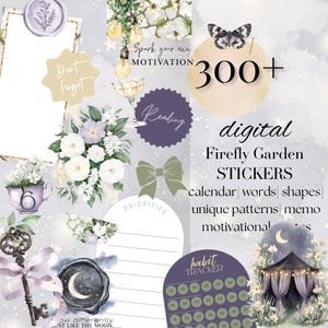 Puede incluir: Pegatinas digitales Firefly Garden con más de 300 elementos, incluyendo calendario, palabras, formas y patrones únicos. La imagen presenta diseños florales y celestiales, con texto como "No olvides" y "Inspira tu propia motivación."