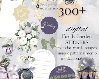Summer Firefly garden Digital Planner Stickers: Pre-cropped PNG GoodNotes Noteful Sticker bundle, June July monthly pack 26BKG8