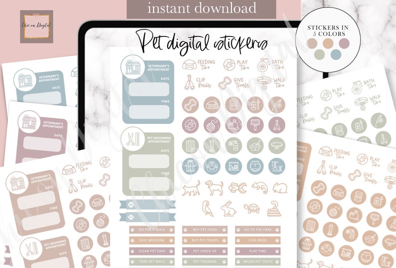 May include: Digital stickers for pet owners, featuring icons for veterinary appointments, grooming appointments, feeding, playing, walking, and other pet care tasks. The stickers are available in five colors: blue, green, pink, brown, and beige.
