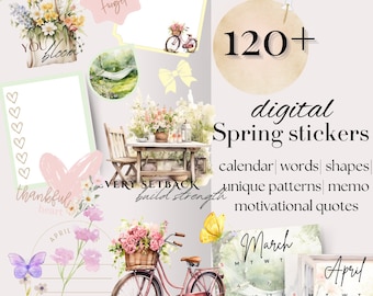 May include: A digital sticker set featuring over 120 spring-themed designs. The stickers include calendars, words, shapes, unique patterns, memos, and motivational quotes. The image shows a bicycle with a basket of flowers, a table with chairs, and a hammock hanging between two trees. The text "Don't forget" and "Every setback builds strength" are also included in the image.