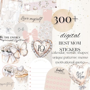 Meilleure maman DIGITAL Goodnotes Stickers, pack d'autocollants numériques, lot PNG May love fête des mères, tracker d'icônes esthétique, kit de citations d'affirmation