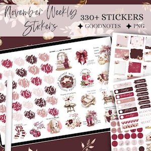 May include: A set of digital stickers for Goodnotes featuring a fall theme with illustrations of pumpkins, wine bottles, leaves, and a cat. The stickers include numbers, days of the week, and motivational quotes. The text "November Weekly 330+ Stickers" is at the top of the image.
