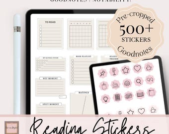 May include: A digital tablet displaying a set of 500+ pre-cropped reading stickers for Goodnotes. The stickers are in black and white and feature various reading-themed icons, such as books, coffee cups, and stars. The text "Pre-cropped 500+ Stickers Goodnotes" is displayed in a pink circle.