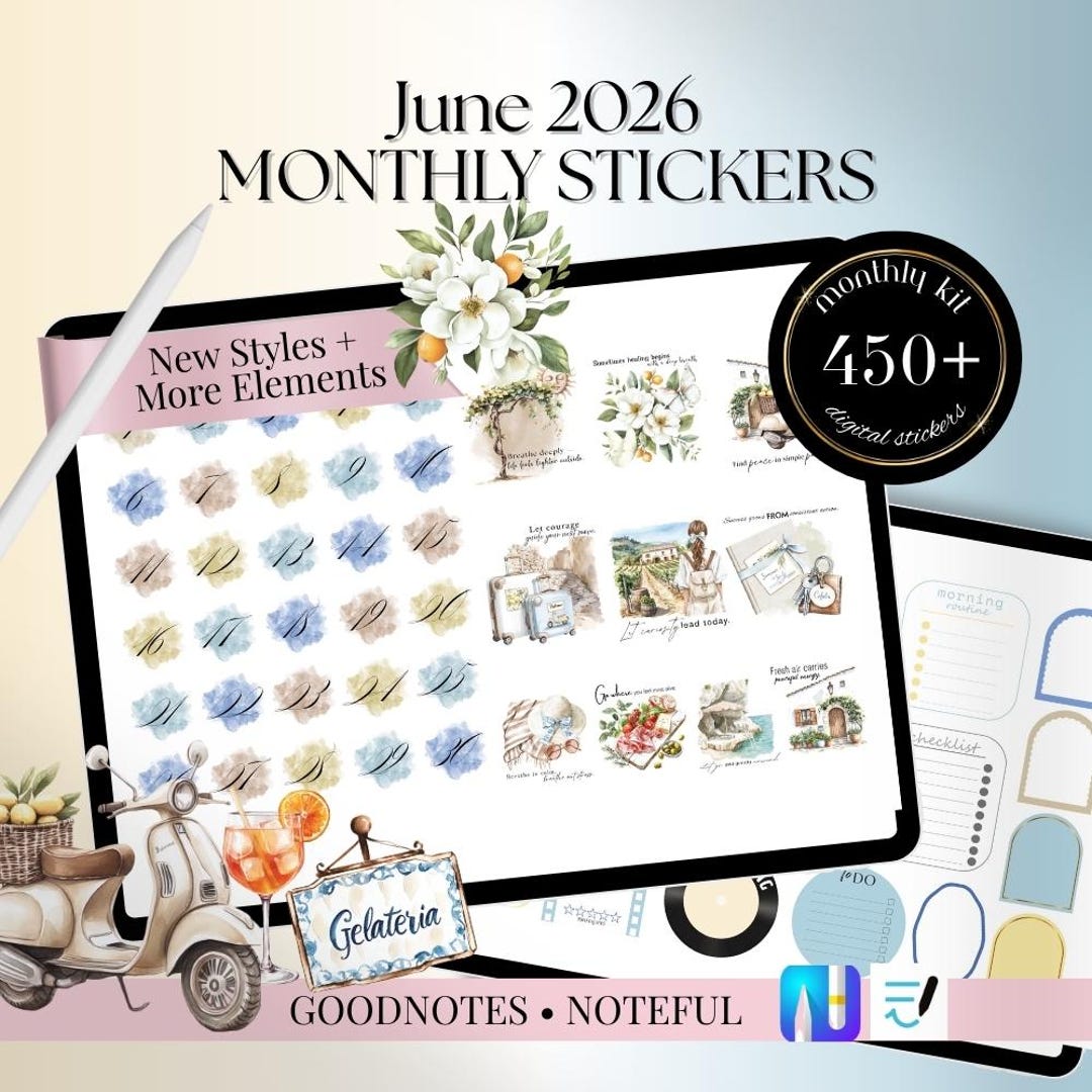 JUNE 2026 Goodnotes Noteful Digital STICKERS, Summer July Digital ...