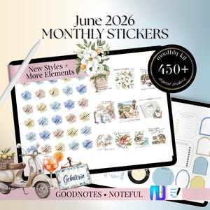 JUNE 2026 GoodNotes Noteful Digital STICKERS, summer July digital sticker Bundle, widget stickers for journal, scrapbook journal 26MTJUNE