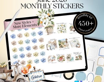 JUNE 2026 GoodNotes Noteful Digital STICKERS, summer July digital sticker Bundle, widget stickers for journal, scrapbook journal 26MTJUNE