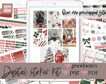 May include: Digital sticker kit with Christmas-themed illustrations, including a decorated tree, gifts, and gingerbread cookies. The kit includes over 220 pre-cropped stickers for digital planning. The text "Digital sticker kit" and "goodnotes png PDF" are also visible.