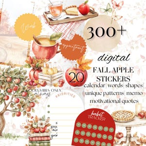 May include: A digital collage featuring fall-themed elements. Includes apple illustrations, a pie, and a mug of cider. Text includes "300+ digital Fall Apple Stickers" and other words like "calendar", "shapes", and "memo".