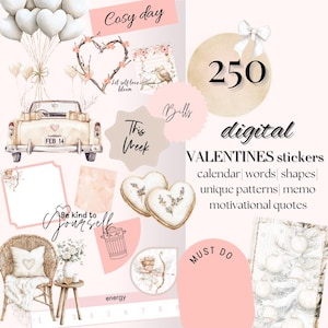 Puede incluir: Un conjunto de pegatinas digitales con 250 pegatinas con temática de San Valentín. Las pegatinas presentan corazones, flores y otros diseños románticos. El texto "250 pegatinas digitales VALENTINES calendario palabras formas patrones únicos memo citas motivacionales" está incluido en la imagen.
