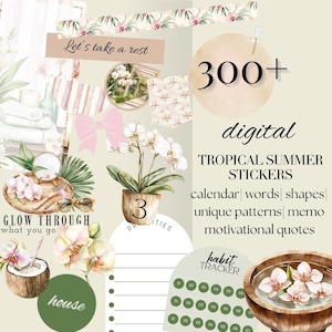 Adesivo digitale Goodnotes estivo tropicale, pacchetto PNG digitale di fiori estivi, icona widget viaggio washi, pacchetto di adesivi per noteful, noteshelf