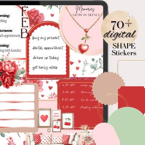 Puede incluir: Planificador digital con temática de San Valentín. El diseño presenta un collar de cerezas, corazones rojos y detalles florales. El texto incluye "Memories Glow in Silence" y "70+ digital SHAPE Stickers."