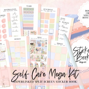 May include: A sticker book with a pink, blue, and white design. The book contains over 800 pre-cropped stickers and 7 bonus covers. The text on the cover reads "Sticker Book Mega Kit" and "Self Care Mega Kit Hyperlinked Split Screen Sticker Book".