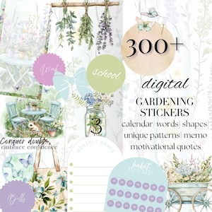 Pegatinas digitales Goodnotes de jardinería de primavera, paquete PNG de plantación de flores de abril y mayo, libro de notoriedad estética, citas de afirmación