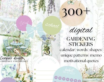 May include: A digital sticker set with over 300 gardening themed stickers. The stickers include calendar, words, shapes, unique patterns, memo, and motivational quotes. The stickers are illustrated in a watercolor style with a light green, blue, and purple color scheme.